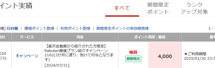 楽天モバイル社長紹介特典14000P-有効期限とポイント利用できるサービス(楽天期間限定P)